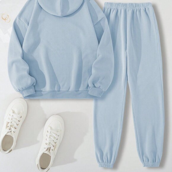 Baby Blue Casual Women's Hooded Drawstring Sweatshirt And Sweatpants Set - Picture 2 of 6